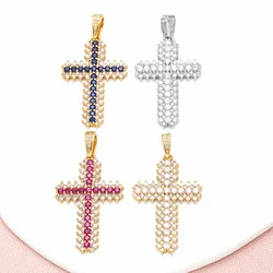 OCESRIO Fuchsia Crystal Big Cross Pendant for Necklaces Copper Gold Plated Crucifix Crossover Jewelry Making Component pdtb695