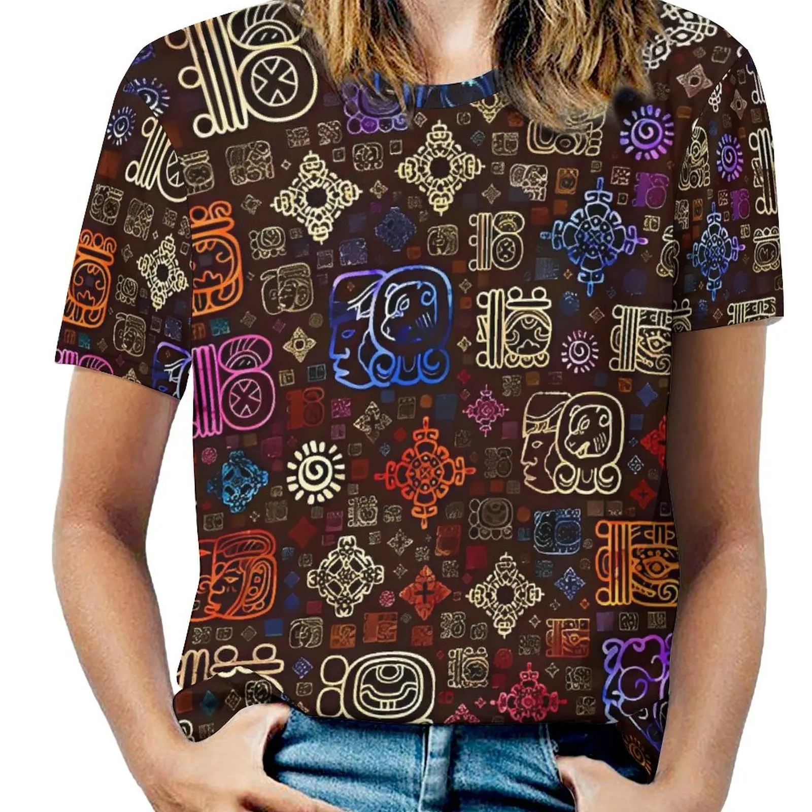 Summer Aztec Art T-Shirts Mayan Glyphs Simple T Shirt Womens Short Sleeves Pretty Oversize Tees Pattern Tops Gift Idea