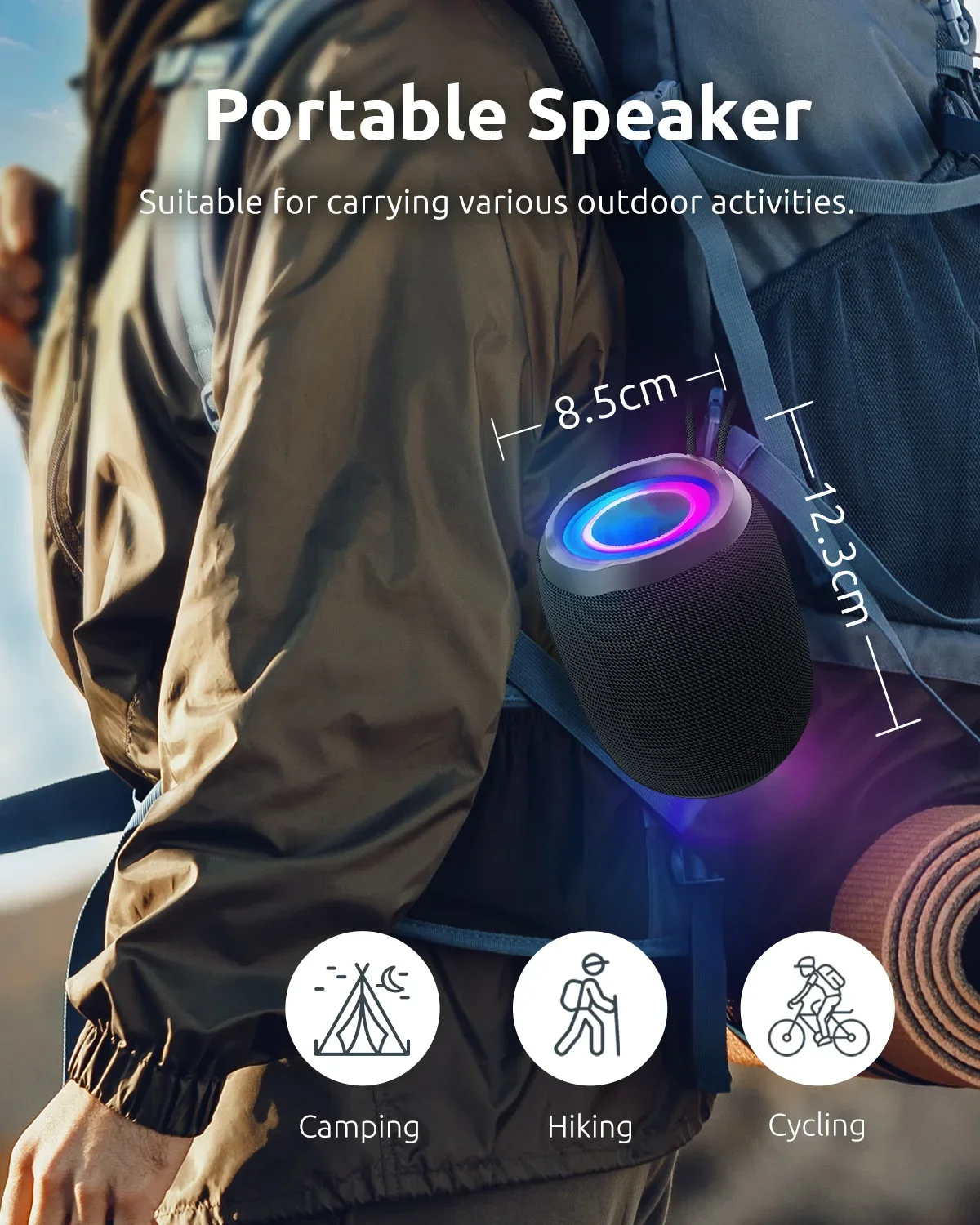 YABA Bluetooth Speaker, Powerful Small Portable Wireless Speaker with FM Radio, IPX6 Waterproof, 5 LED Light Modes, Microphone