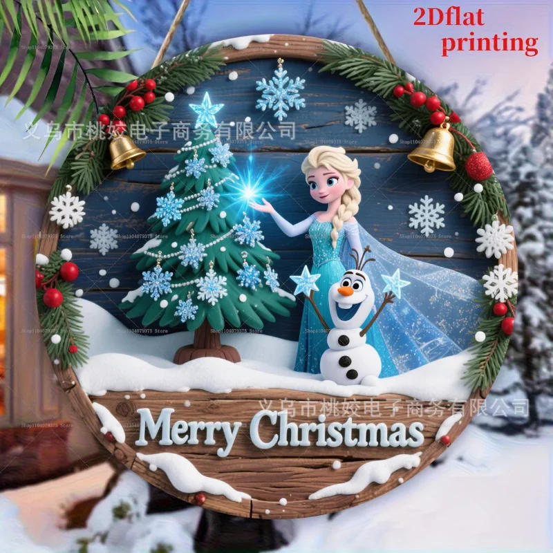 

2D Merry Christmas Disney Frozen Elsa Anna Princess Sign Round Wood Hanging Plaque Front Door Wall Holiday Gathering Decoration