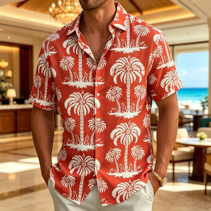 

Men's orange red tropical element printed vacation shirt, short sleeved shirt with pockets, summer top with artistic atmosphere
