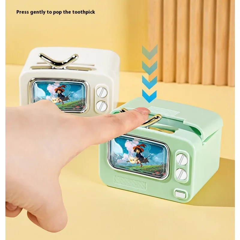 TV-shaped Automatic Pop-up Toothpick Dispenser Retro Toothpick Holder Portable Plastic Toothpick Container Tabletop Decor