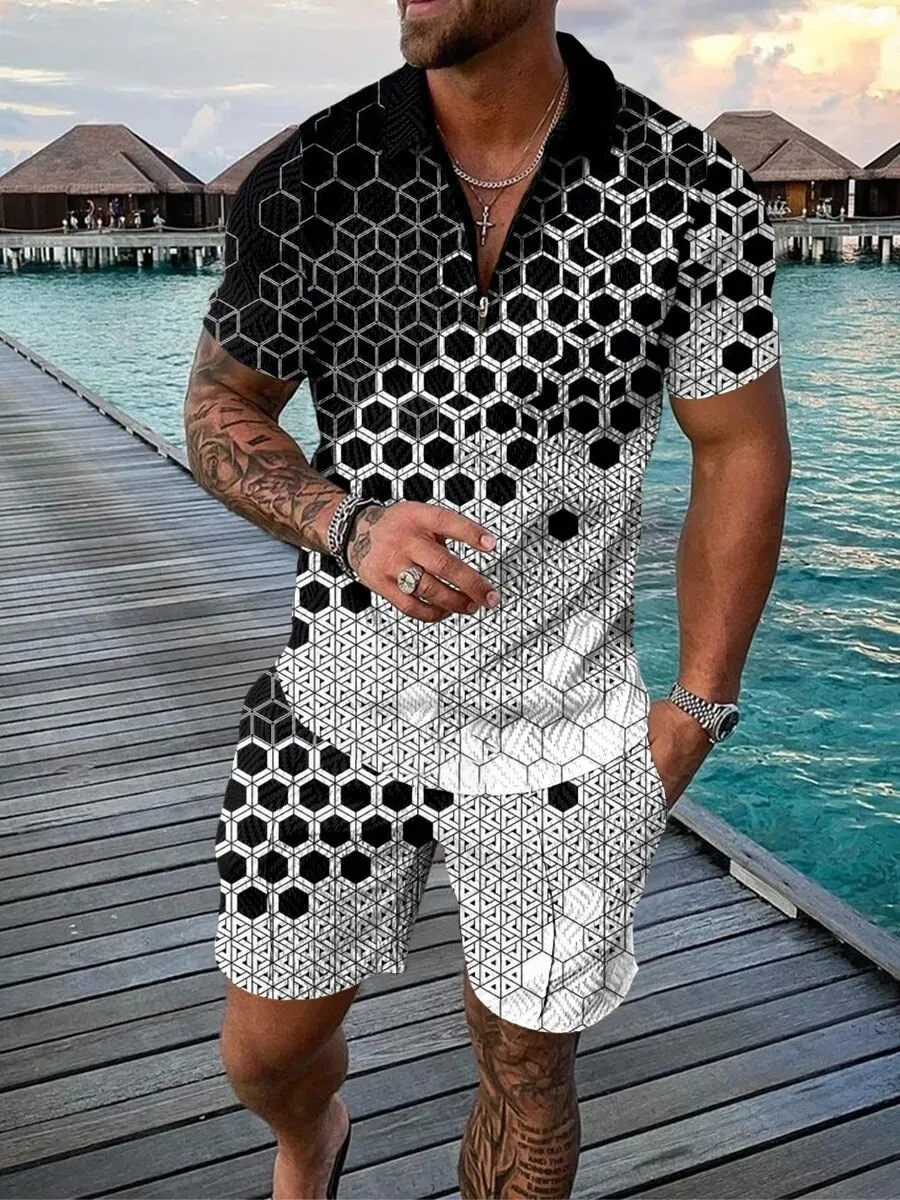 Summer New Men\'s Sweatsuit set Black and White Spot Gradient 3D Print Casual Zipper Polo Shirt + Shorts 2pcs Sets Man Clothing