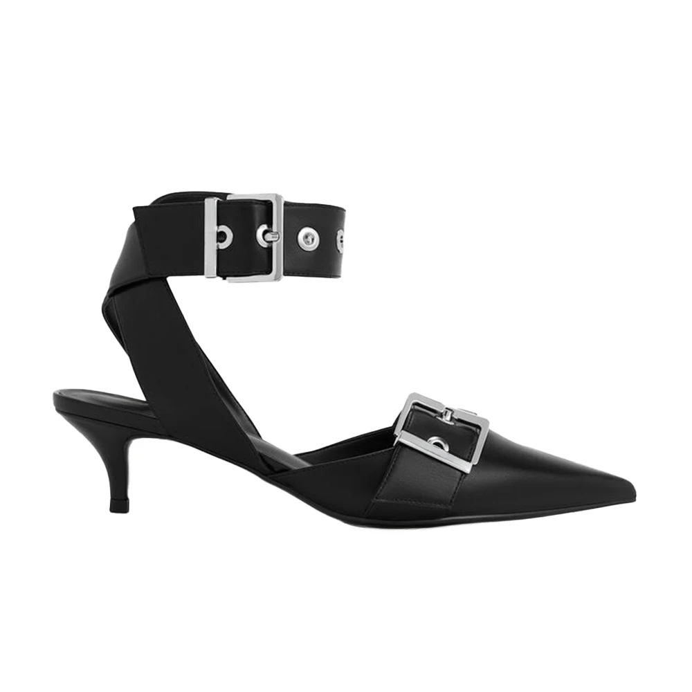 

2024 Spring Women's Fashion Sandals Belt Buckle Metal Rivet Pointed Toe Roman Mid-Heel Sandals Ankle Strap Shallow Black/white