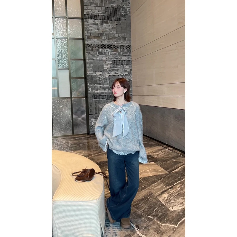 เสื้อสเวตเตอร์คอวีแต่งลูกไม้ผูกปมประดับลูกปัด ไซส์ใหญ่ สำหรับฤดูใบไม้ร่วงและฤดูหนาว เสื้อถักสำหรับผู้หญิง สไตล์ลำลอง เหมาะสำหรับใส่ไปทำงาน