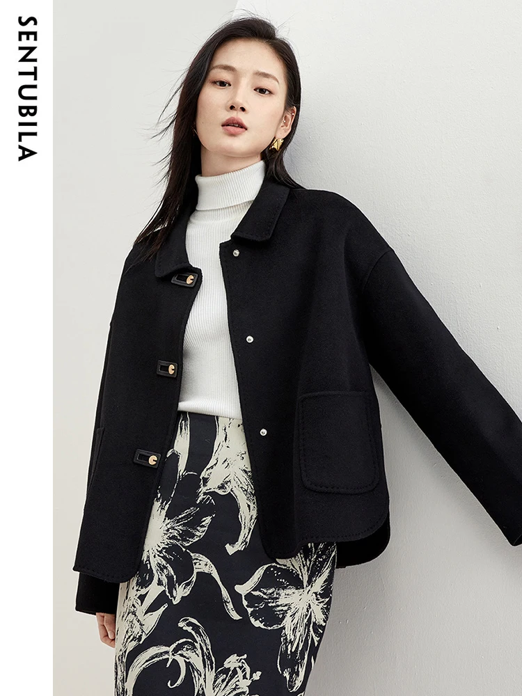 

SENTUBILA Winter Black Coat Women 2025 Elegant Double Sided Short Wool Pocket Jacket Designer Luxury Women's Clothing W34O49736
