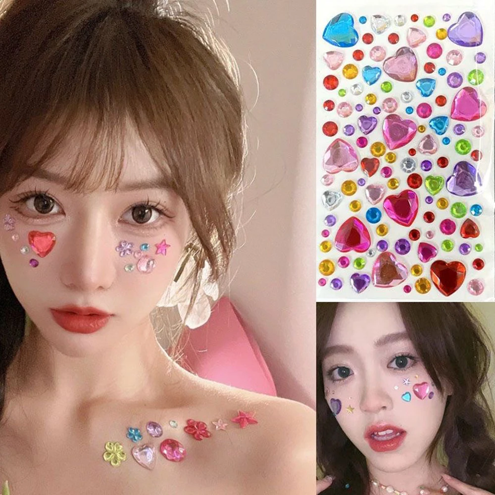 1pcs Colorful Mixed Colorful Over Size Star Heart Flowers Face Gems Stickers, 3D Self‑Adhesive Rhinestone Jewel Face Body Decor