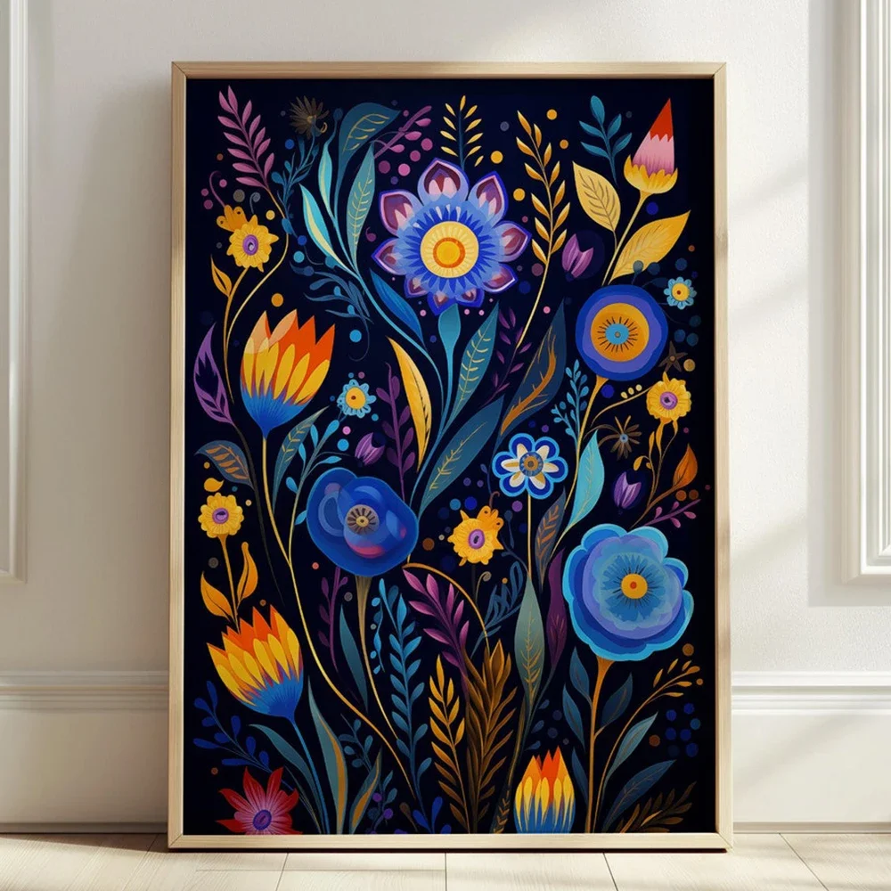 Modern Mexican Blue Flowers Floral Wall Art Prints Canvas Painting Poster Pictures For Living Room Home Decor