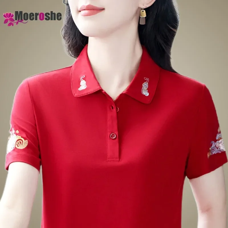 Summer Women's Embroidered Polo Shirt T-shirt Shirts Trend 2024 Basic T-shirts Short Sleeve Woman  Polo Shirt  Tshirt Feminina