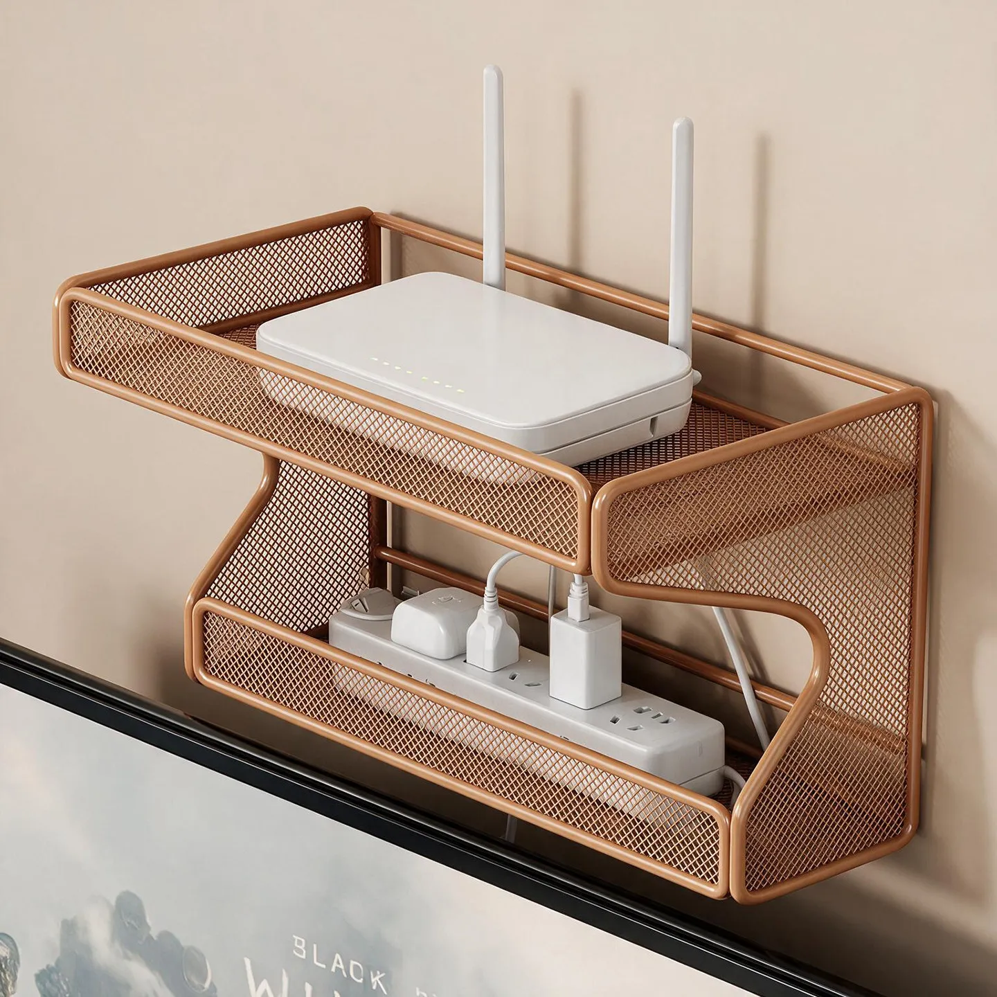 2-Tier Metal Mesh Wall Mounted Router Storage Rack Brown Floating Shelf Holder For Wifi Modem Power Strip Cable Organizer Home