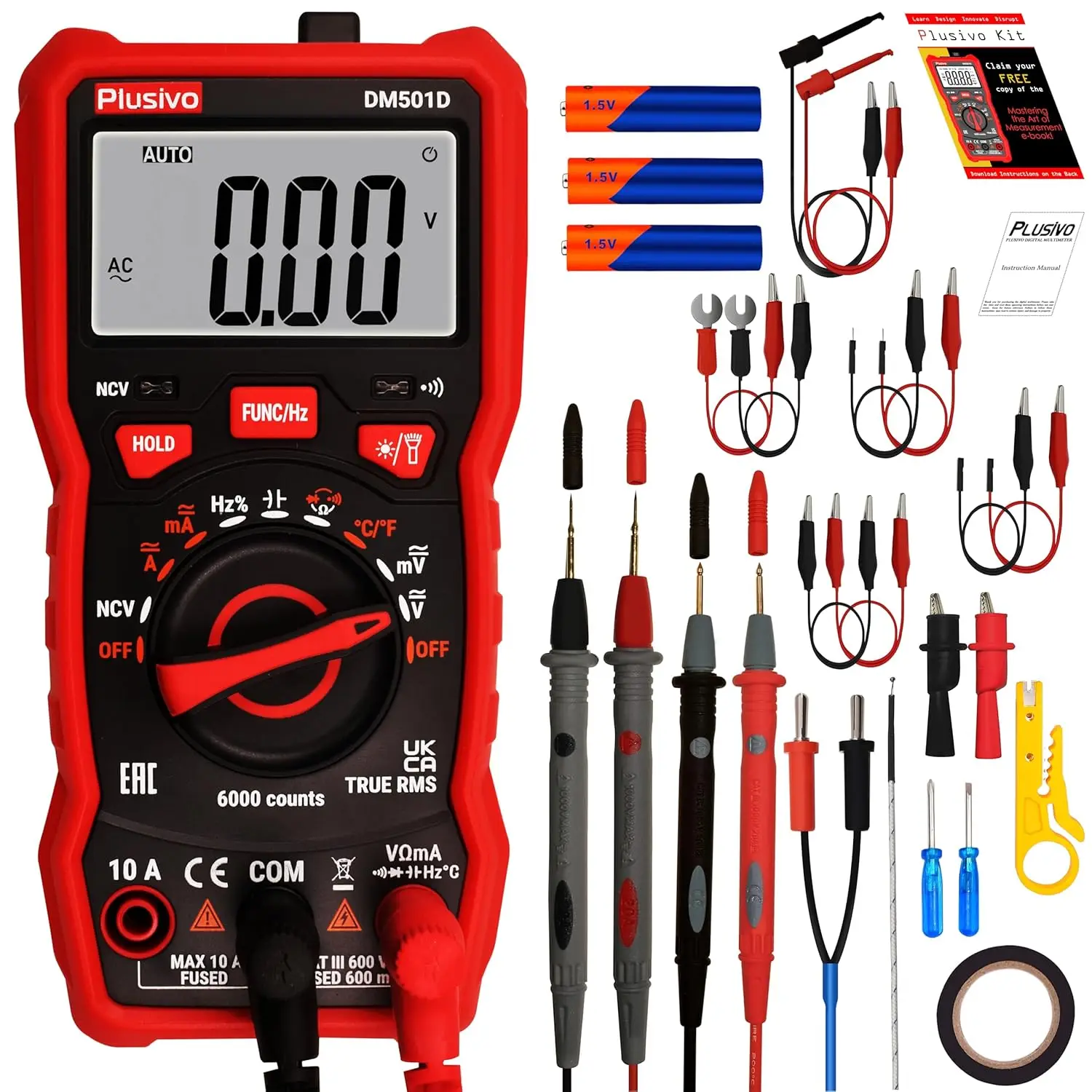 Digitalmultimeter 6000 Counts Auto Ranging TRMS AC/DC Voltmeter Ohm Amp NCV Diodentester mit Messleitungen