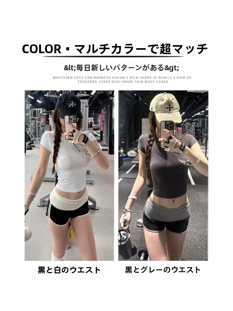 American Style Splice Waist Yoga Sports Shorts Women Summer Side Bar Running Fitness Three-Quarter Length Pants Low Waist Ela...