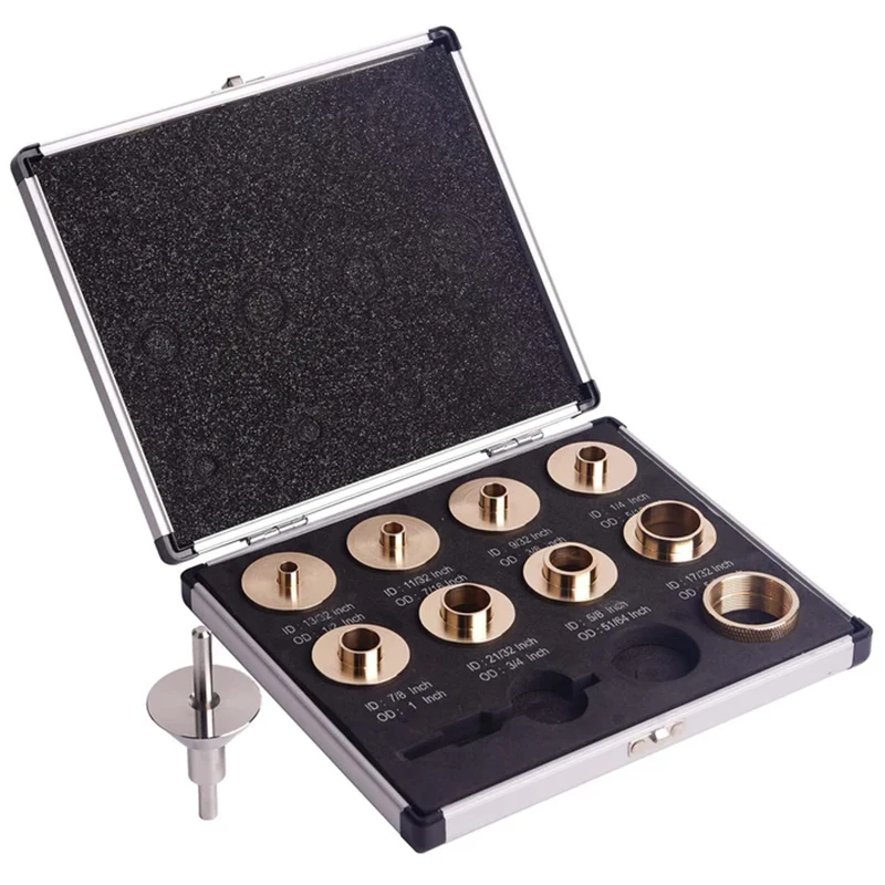 

SpeTool O06002 10-Piece Brass Router Template Guide Set Porter Cable-Style Bushing Kit with Centering Pin, Cone & Aluminum Case