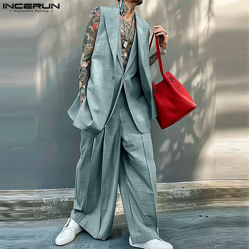 INCERUN Men Blazer Suit Sexy V Neck Double Layer Sleeveless Blazer Vest And Zipper Up Wide Leg Pants Two Pieces Sets Male Suits