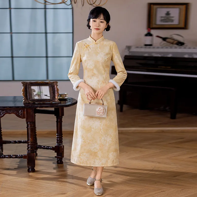 New Chinese Style Suzhou Long Sleeved Cheongsam Winter Thick Style Improved Young Style Women's High-end Daily Qipao Dress