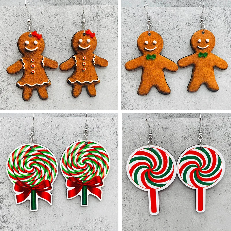 Gingerbread Man Christmas Candy Earrings Cute Crutches Lollipops Wooden Earrings Happy Christmas Jewelry Gifts