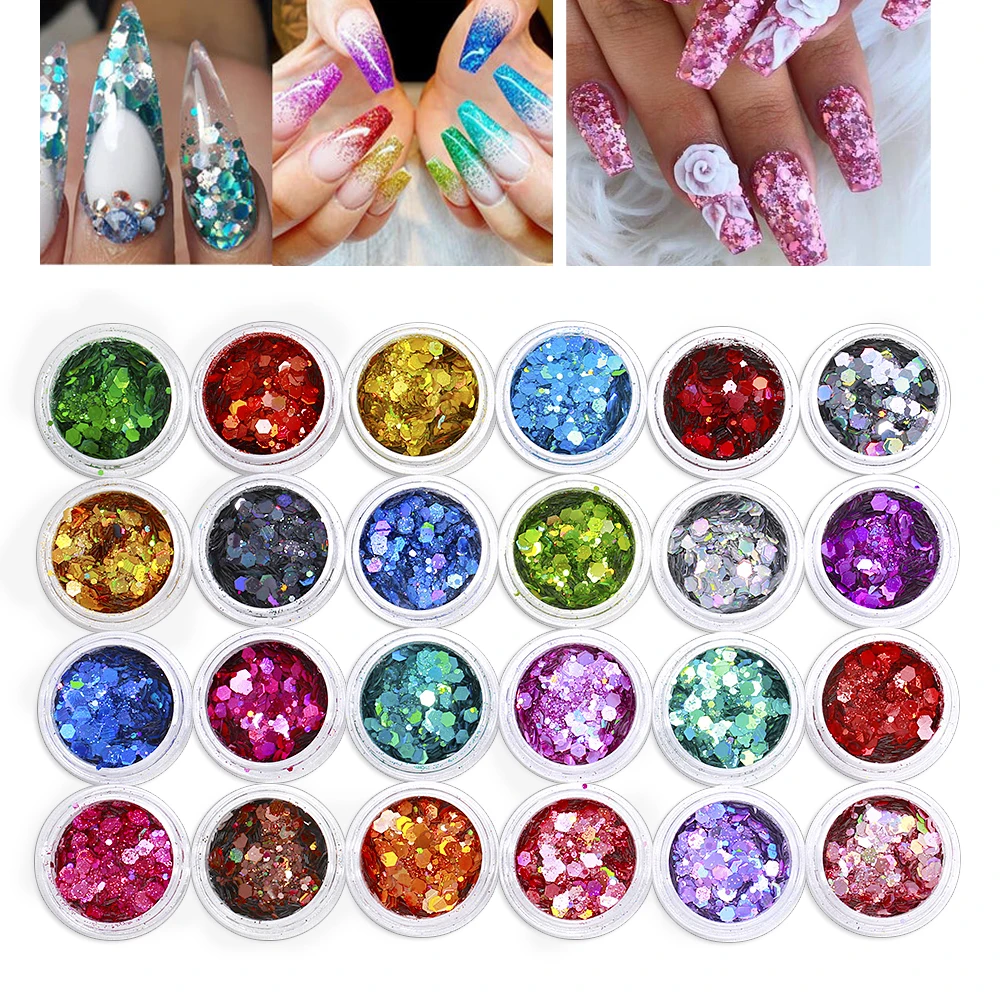 24Jars/Set Holographic Chunky Glitter Nail Sequin 24 Colors Laser Shiny Spangle Paillettes Slice Flakes Manicure Bulk Glitter @#