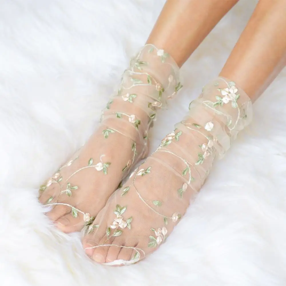 Chaussettes en maille transparente respirante à fleurs fines, chaussettes longues, streetwear à la mode