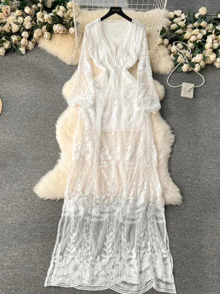 

Wedding Maxi Dress for Women Vintage Lace Embroidery Long Sexy Deep V-neck Temperament Spring Summer Beach Dress