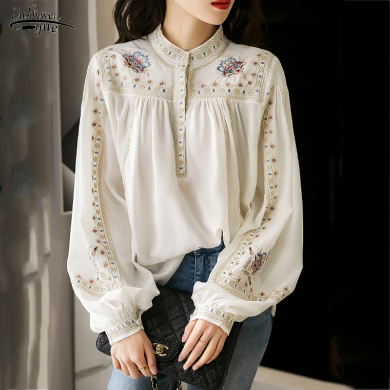 Vintage Elegant Lady Shirt Korean Chic Luxury Spring Women Gorgeous Blouse Stand Collar Floral Embroidery Chiffon Blusas 13835