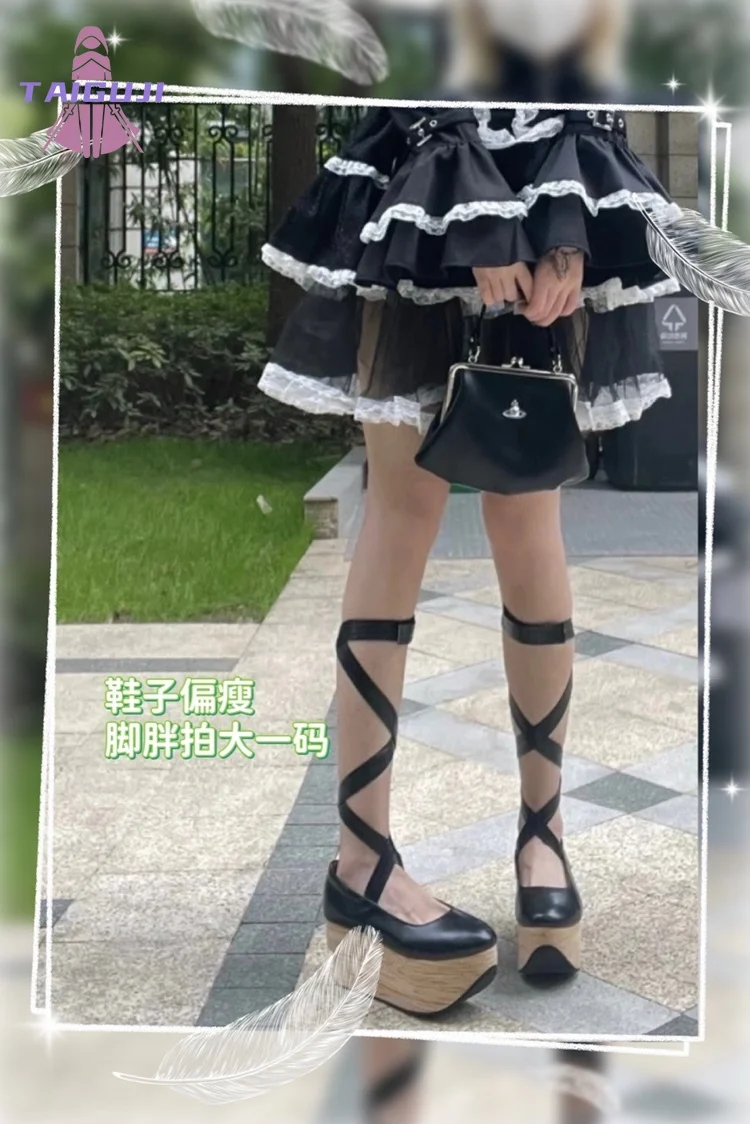 Fulujiacos 여성 플랫폼 하이힐 펌프 샌들 크로스 스트랩 로리타 코스프레 크리퍼 일본 하라주쿠 신발 흔들 목마