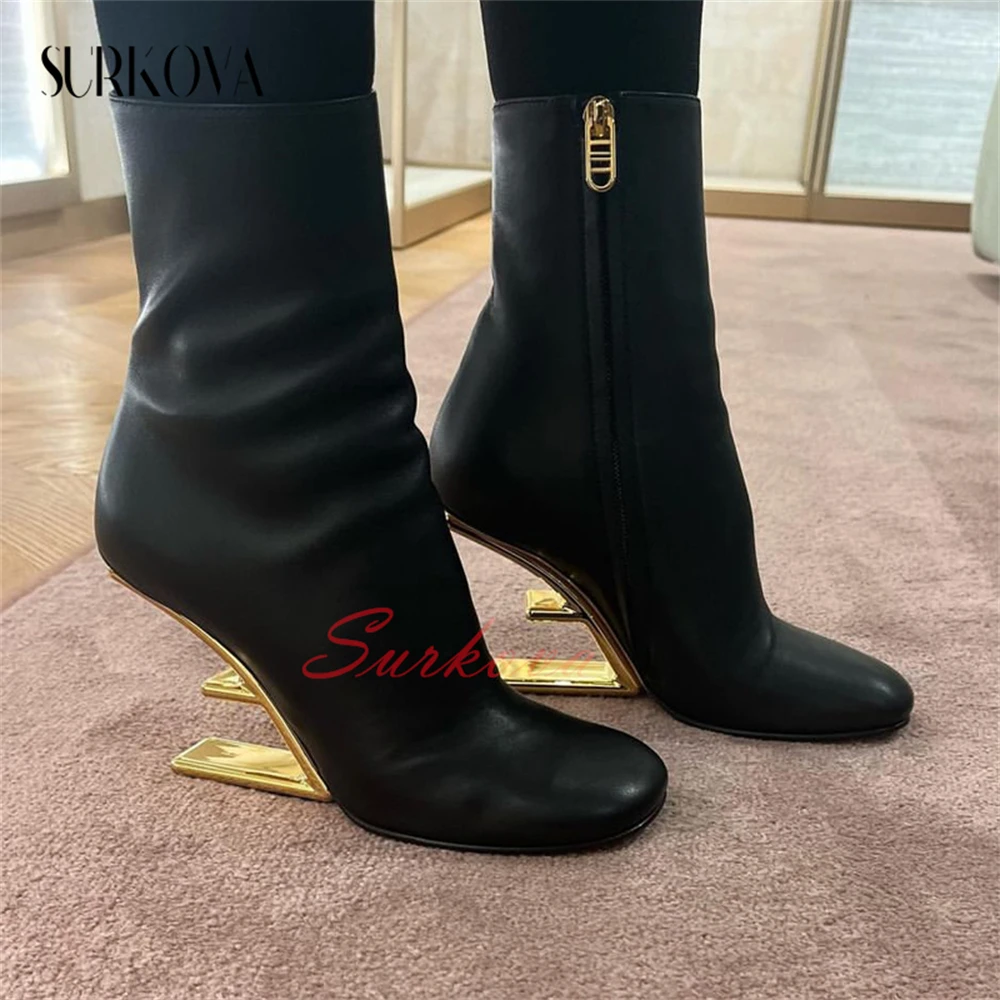 2023 New Arrival Hollow Shaped Heel Ankle Boots Women\'s Round Toe Side Zip Leather Boots Solid Color Modern Concise Ankle Boots