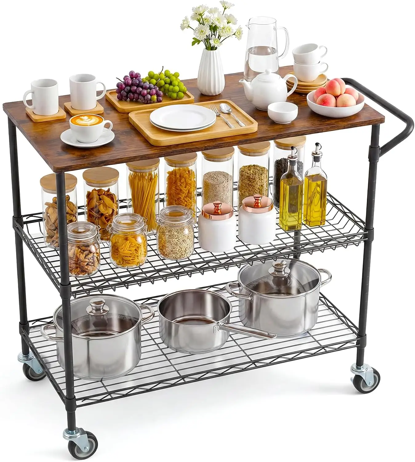 35.43 Inch Rolling Kitchen Cart On Wheels With Wood Top 3-Tier Heavy Duty Utility Cart 550 Lbs Capacity 2 Shelf Liners 10 Hooks 360 Degree Swivel And Lockable Casters Metal Serving Storage Cart For Restaurant