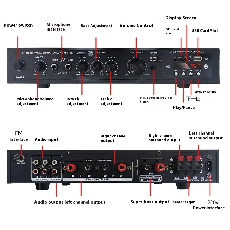 

【Popular】Zhengyin 5.1 Channel Super Bass High Power Stage Home Theater Amplifier Metal for Bluet Function Radio for Outdoor Use