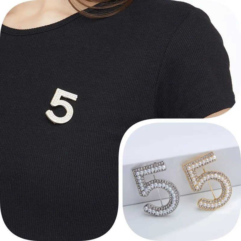 1Piece 2025 Fashion Exquisite Rhinestone Pearl Number 5 Brooches For Women Clothing Coat Jewelry Accessories Gifts