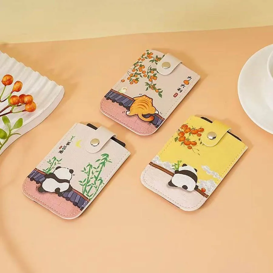 Chinese Style Panda Printed PU Leather Card Holder, Snap Button Multi-slot Portable Cute Card Case Compact and lightweight