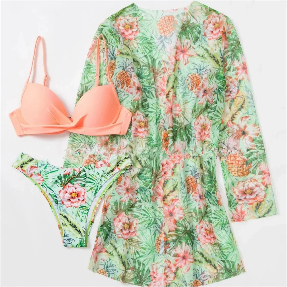 Bloemenprint Bikini Badpak Strand Cover-Up Vakantie Badmode Push Up Badpak Dames Trend 3-delige Outfit Biquinis Feminnino