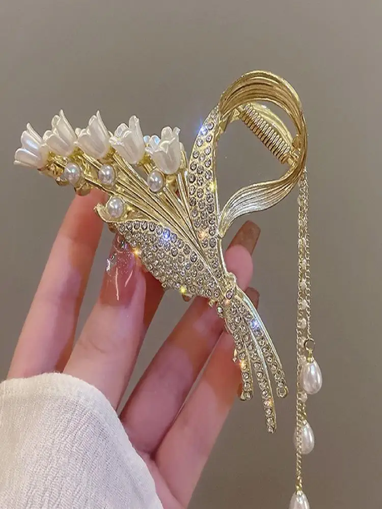 Pinces à cheveux papillon/fleur élégantes, épingles à cheveux en alliage de couleur or, support queue de cheval, pendentif en perles, couvre-chef pour femmes et filles