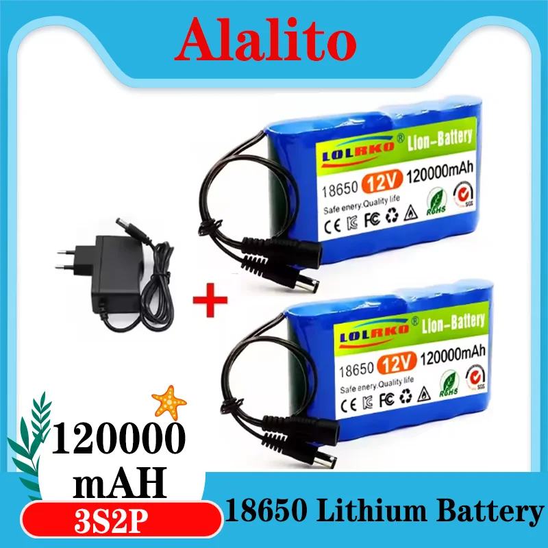 

NEW 3S2P 12V 120Ah Lithium Ion Battery 18650 12.6V 120000mAh DC Rechargeable CCTV Camera Monitor Replacement Battery 12V Charger