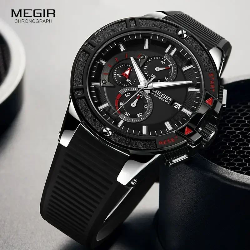 Relojes MEGIR con cronógrafo deportivo militar para hombre, reloj de pulsera de cuarzo del ejército de silicona, relojes masculinos de la mejor marca 2095 plateado y negro