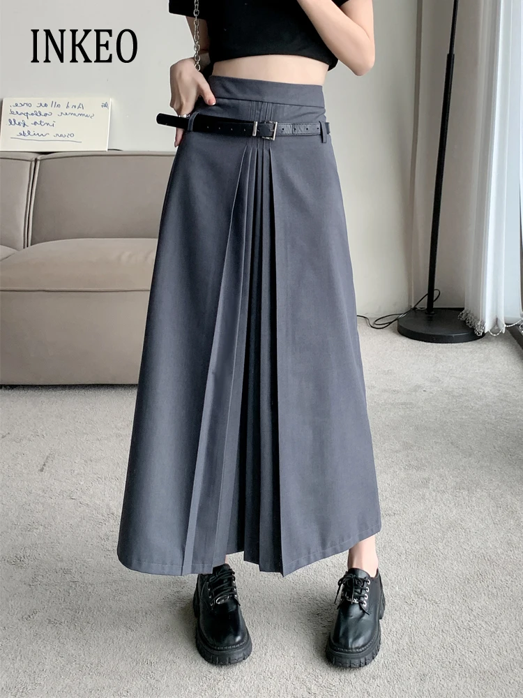 

Streetwear Pleated skirt Gray Black Women 2023 Spring Autumn Irregular design Long skirt with belt Ladies bottom INKEO 3B005