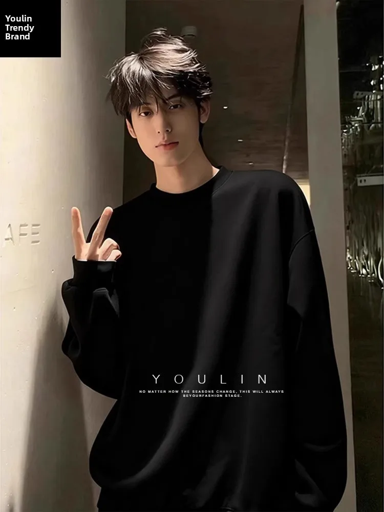 Black Combed Cotton Long Sleeve Men's T-shirt Cleanfit Heavyweight Sweatshirt American Retro Inner Wear Base Shirt