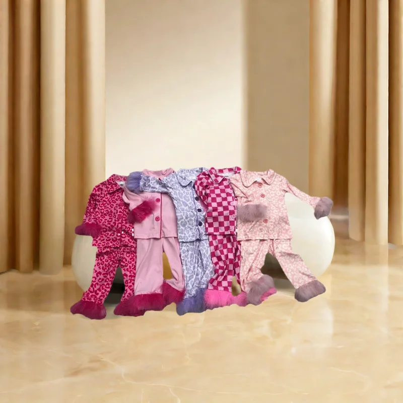 

GLP1256 Wholesale baby girls clothes Plush edge rose red plaid long sleeve pants pajamas set Boutique clothes for girls sets