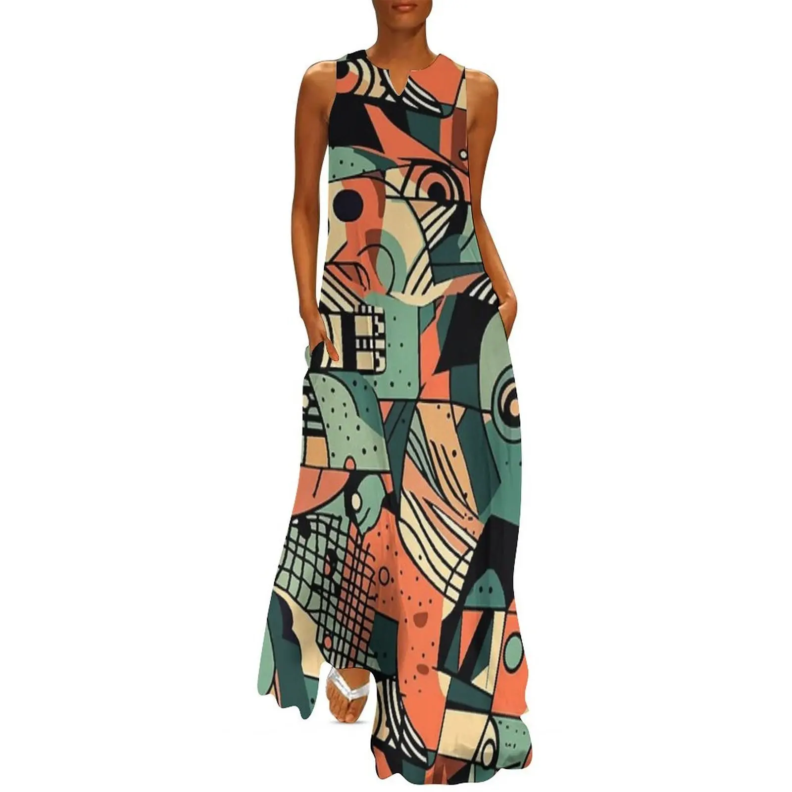 

Edgy Harmony: Green and Orange Cubism Abstract Art Seamless Pattern Long Dress elegant women's sets Clothing female
