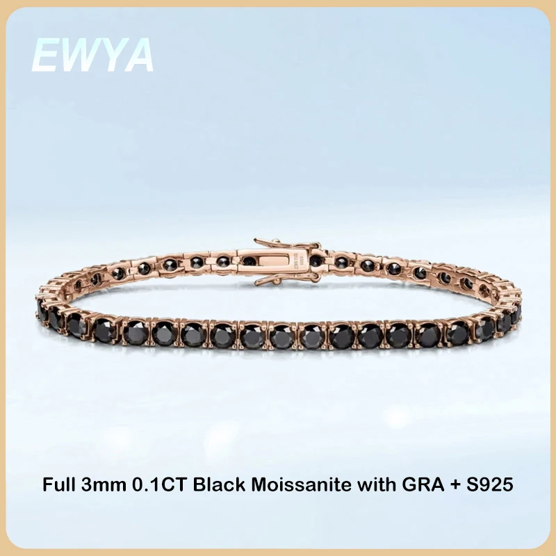 

EWYA GRA Certified 3/4/5mm Full Black Moissanite Tennis Bracelet for Women Men 925 Silver Plated 18K Rose Gold Link Bracelets