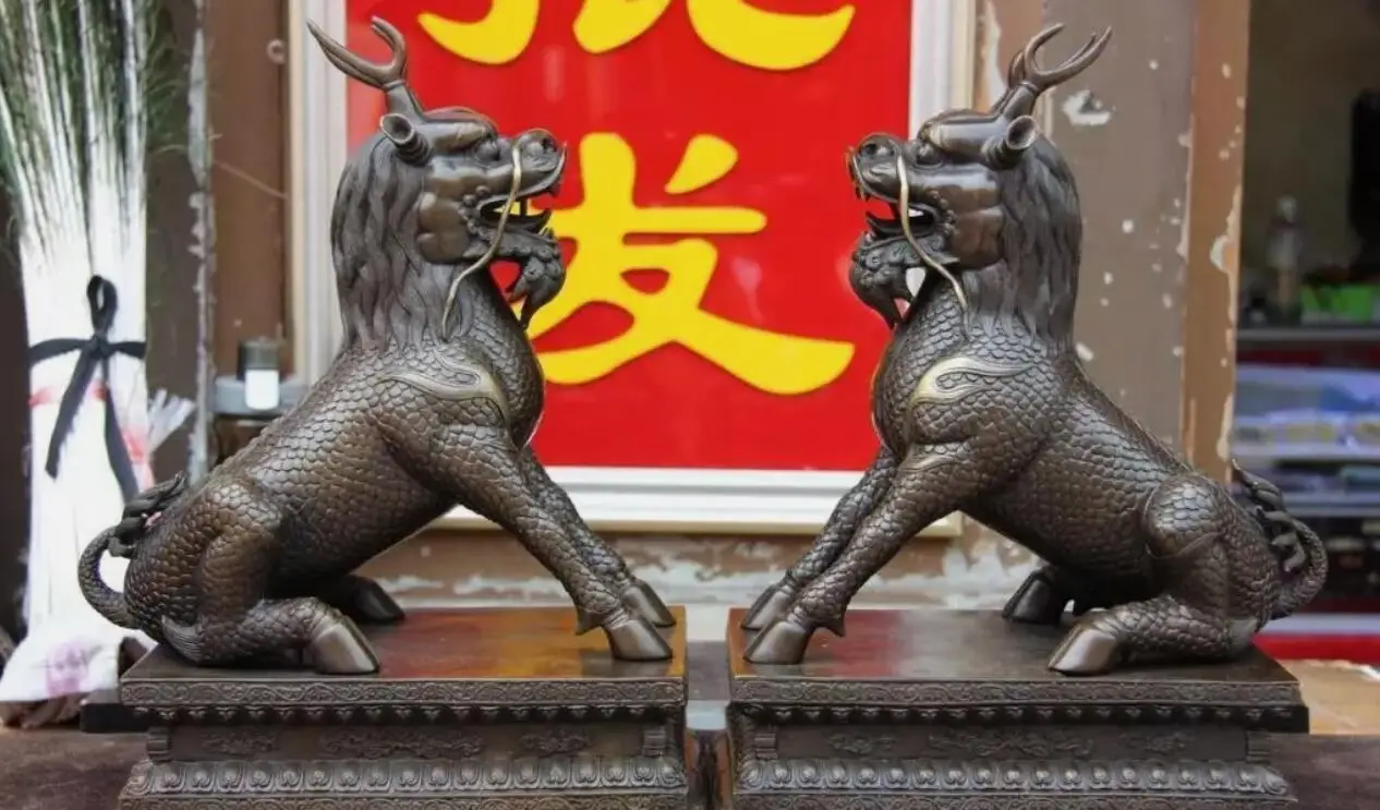 Palace Feng Shui Bronze Copper Foo Fu Dog Guardion Dragon Lion kirin kylin Pair