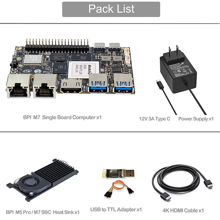 BPI-M7 RK3588 8K60 SBC 6 TOPS NPU 32GB LPDDR4x 128GB EMMC WiFi6 2*2.5G Edge AI Server NAS NVR Digital Signage CE FCC