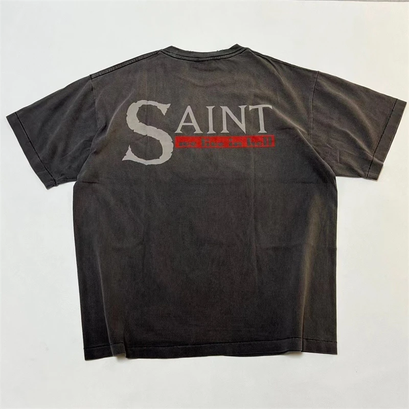 Jesus Vintage Saint T-Shirt Men Women Round Neck Hole Washed Heavy Fabric T Shirt Tops Tee