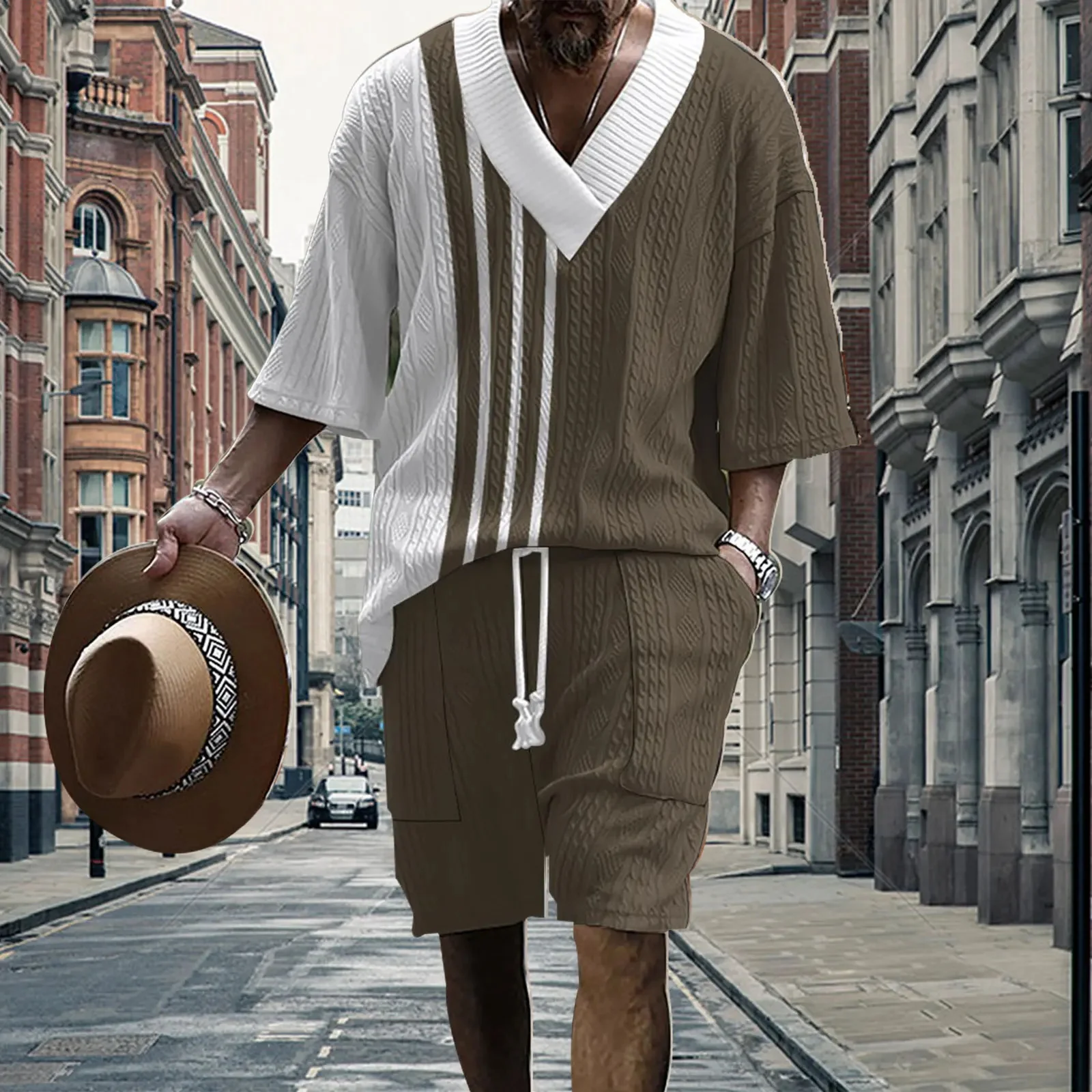 

Модный мужской топ и шорты в полоску, элегантный уличный стиль, комплект из двух предметов с рукавом для фитнеса