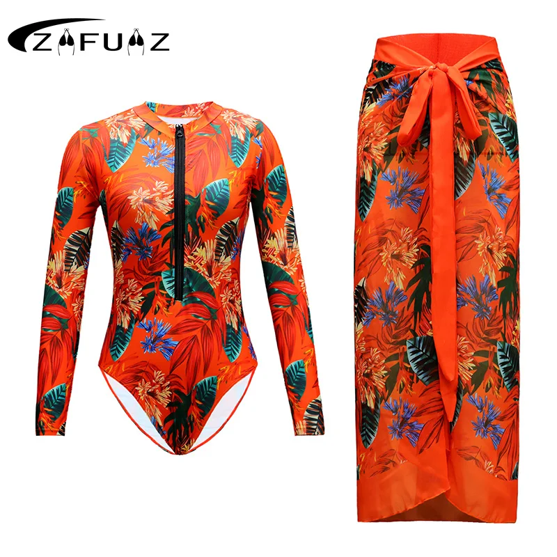 

ZAFUAZ Printed Long Sleeve Swimsuit With Cover Up Sexy Swimwear Women Surf Swim Suit Slimming Bathingsuit Bodysuit Beachwear