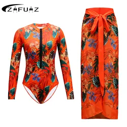 2025 Printed Long Sleeve Swimsuit With Cover Up Sexy Swimwear Women Surf Swim Suit Slimming Bathing Suit Beachwear Bodysuit