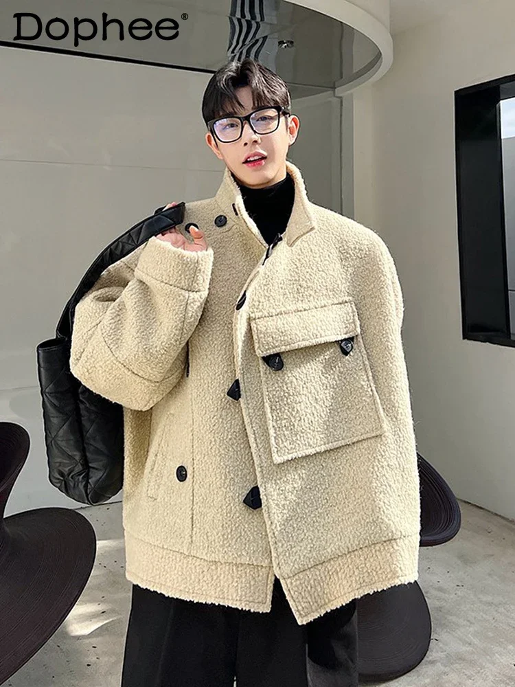 2024 Autumn Winter Men's Jackets High-end Long-sleeve Solid Color Casual Boys Coat Lamb Wool Trendy Design Loose Comfort Tops