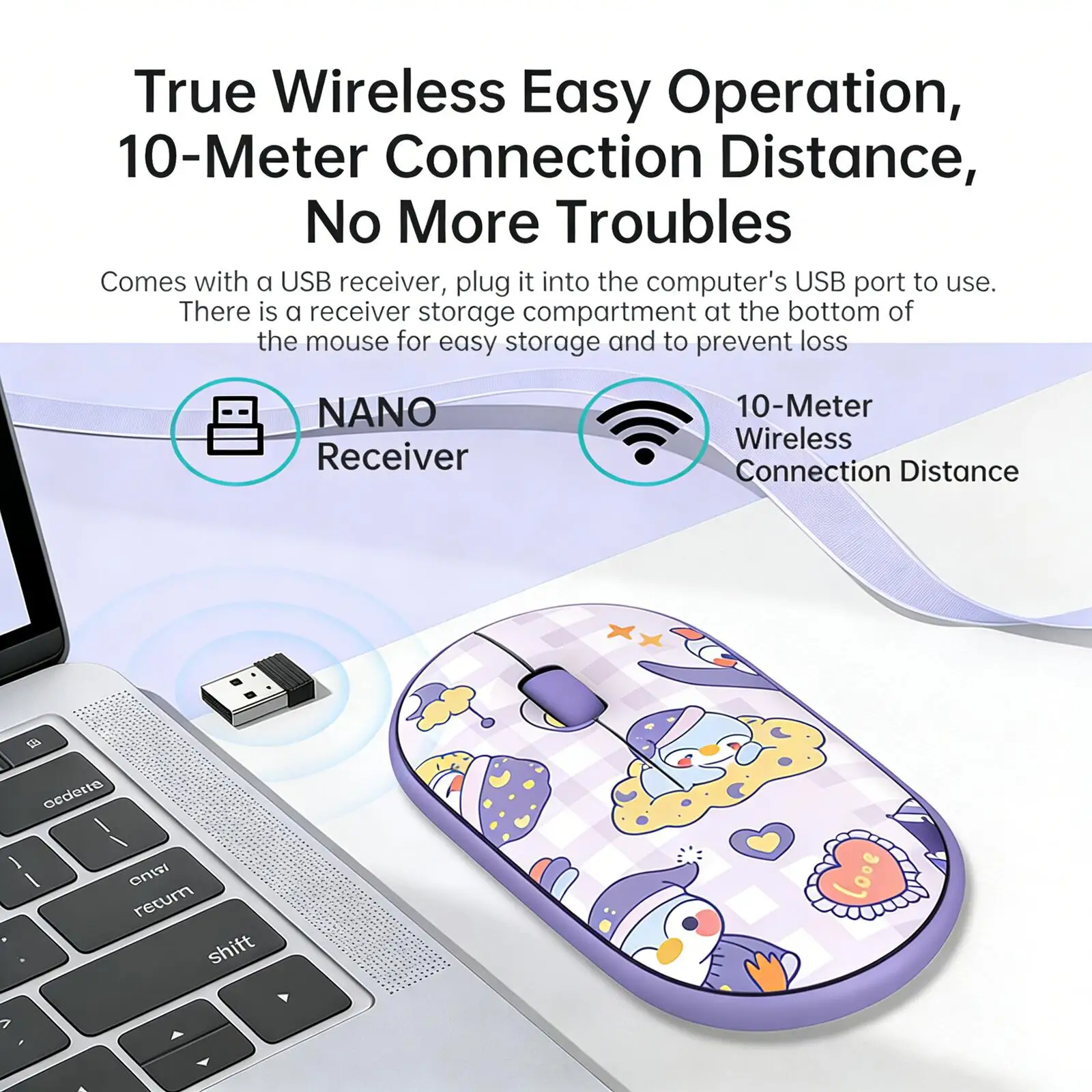 New Fashion Painted Dual-Mode Wireless Mouse 2.4G+Bluetooth Slim Portable Silent Click Ergonomic for PC Laptop Girls Office Gift