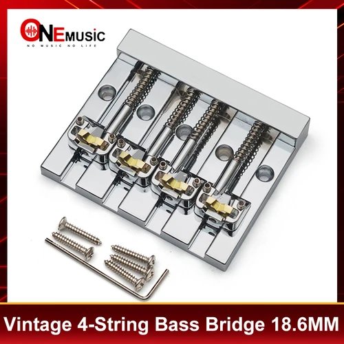 Puente de bajo Vintage de 4 cuerdas, parte inferior de cuerda de 82x68,3 MM con espaciado de cuerdas de sillín de latón, puente fijo de bajo de 18,6 MM cromado