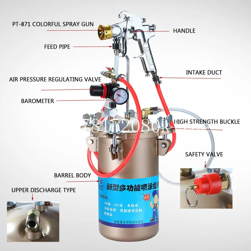 With PT-871 spray gun, 5L water-in-water colorful spray gun with stainless steel real stone paint external spray gun