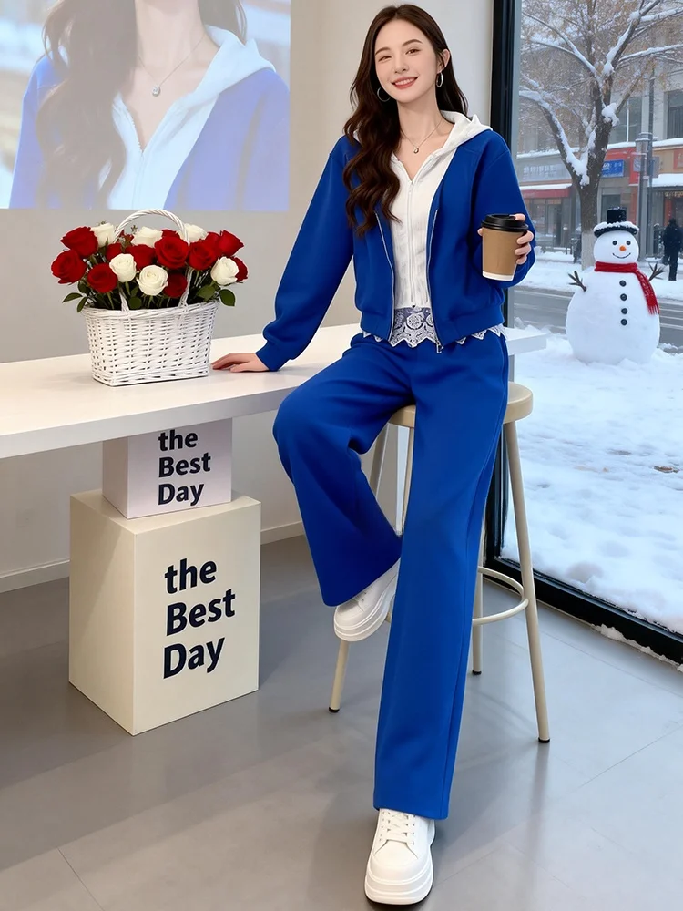 

Комплект повседневной спортивной одежды Salt Series: женский весенний дизайн, синяя куртка, топ и широкие брюки, комплект из двух предметов, удобный, с высокой талией